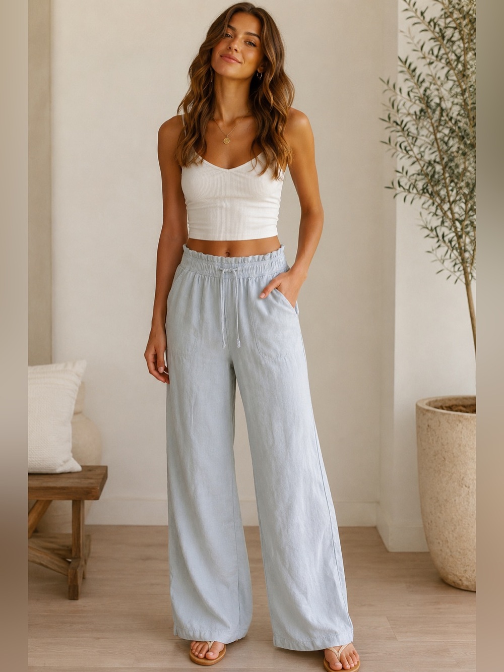 American Eagle Outfitters Light Blue Drawstring Linen-Blend Joggers